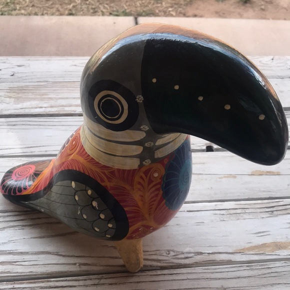 Tonala Pottery Folk Art Other - Vintage Tonala Mexican Folk Art Pottery Eclectic Boho Style Hand-painted Toucan.